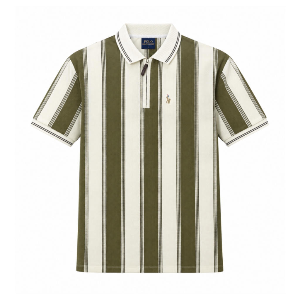 Olive Green & Cream Vertical Stripe Polo T-Shirt preview
